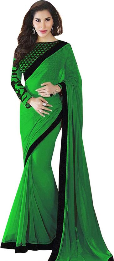 Solid/Plain Bollywood Handloom Georgette Saree  (Green, Black)