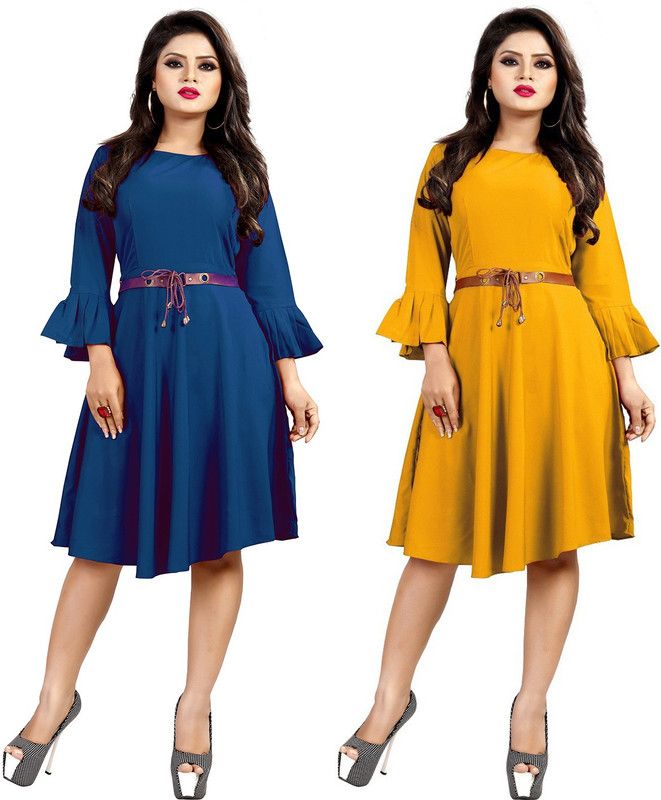 Women A-line Light Blue, Yellow Dress
