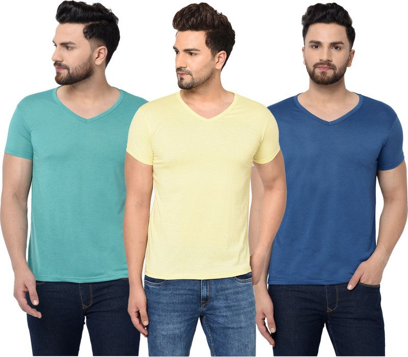 Pack of 3 Men Solid V Neck Cotton Blend Dark Blue, Light Blue, Yellow T-Shirt