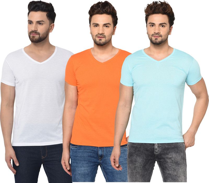 Pack of 3 V neck Combo T-shirts Multicolor Men Solid V Neck Cotton Blend Light Blue, White, Orange T-Shirt