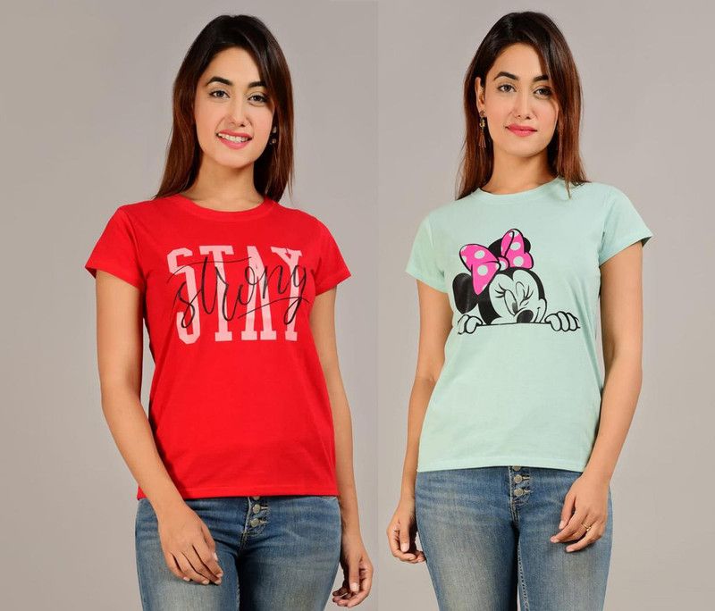 Printed Women Green, Red T-Shirt  (Pack of 2)