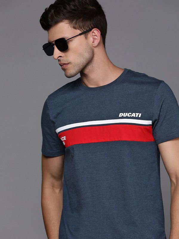 Men Color Block Round Neck Cotton Blend Dark Blue T-Shirt