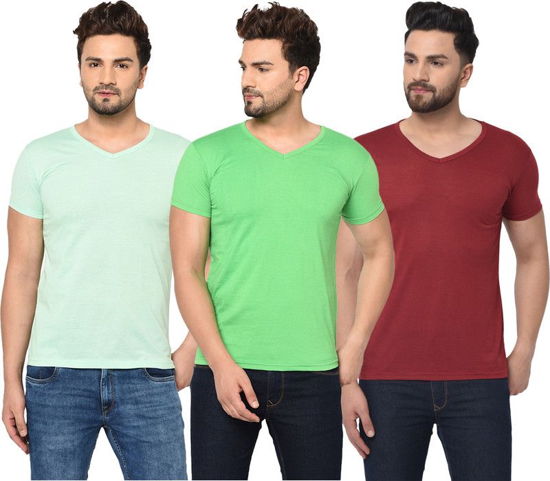 Pack of 3 Men Solid V Neck Cotton Blend Green, Maroon, Light Green T-Shirt