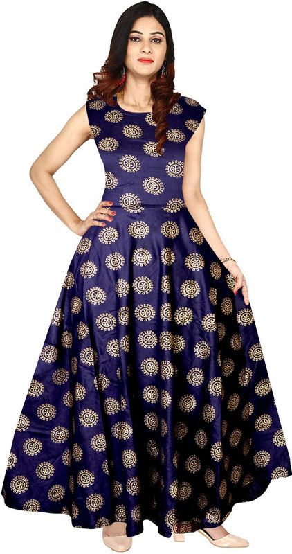 Floral Print Rayon Blend Stitched Flared/A-line Gown  (Blue, Beige)