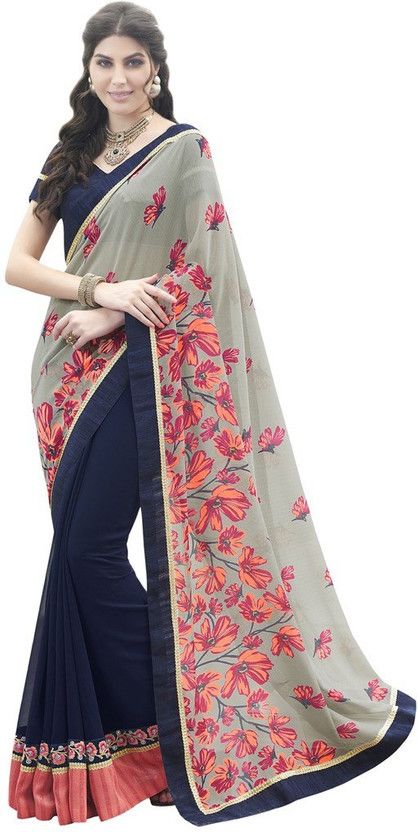 Embroidered Bollywood Georgette, Cotton Blend Saree  (Purple, Grey)