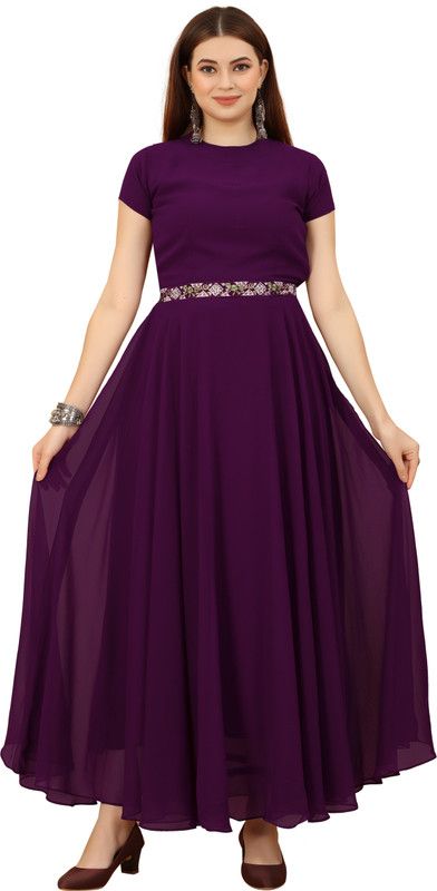 Women Solid Georgette Anarkali Kurta  (Purple)
