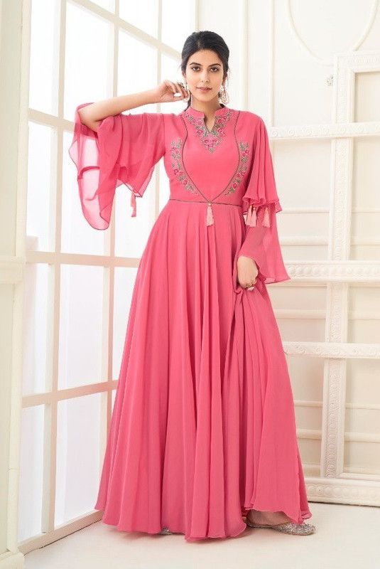 Women Embroidered Georgette Gown Kurta  (Pink)
