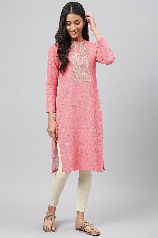 Women Solid Polyester Straight Kurta  (Pink)