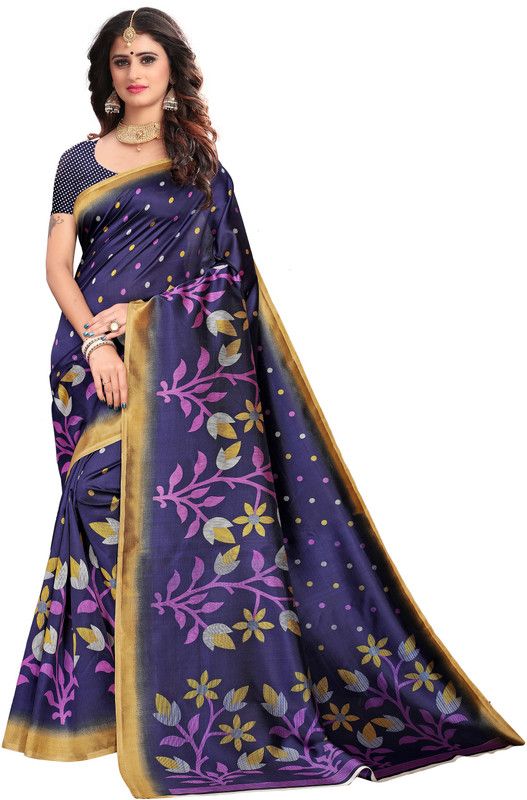 Printed, Self Design, Paisley, Floral Print Mysore Art Silk Saree  (Multicolor, Dark Blue)