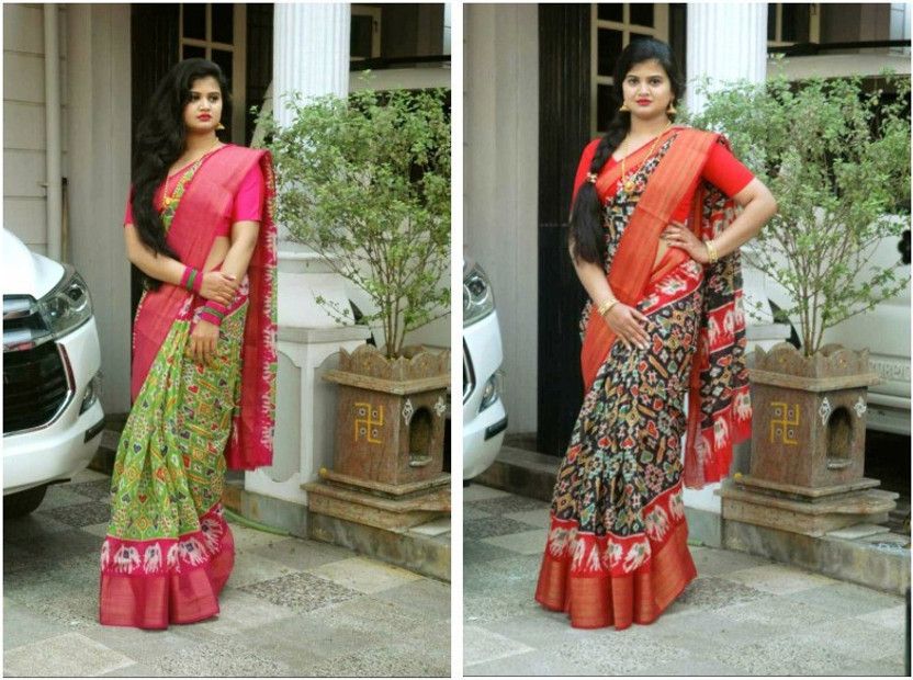Printed Patola Cotton Blend Saree  (Pack of 2, Green, Black)
