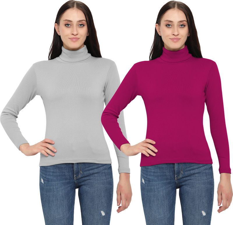 Women Solid High Neck Cotton Blend Grey T-Shirt