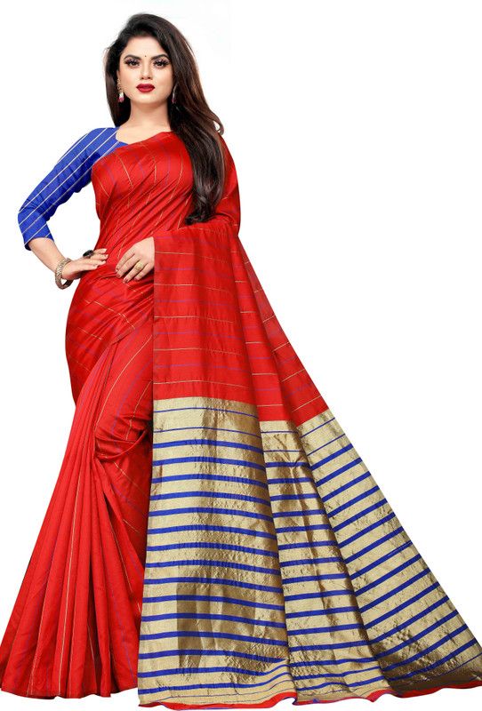 Striped, Woven Mysore Cotton Silk Saree  (Red, Blue)