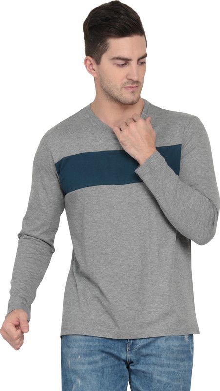 Men Colorblock Round Neck Pure Cotton Light Blue, Grey T-Shirt