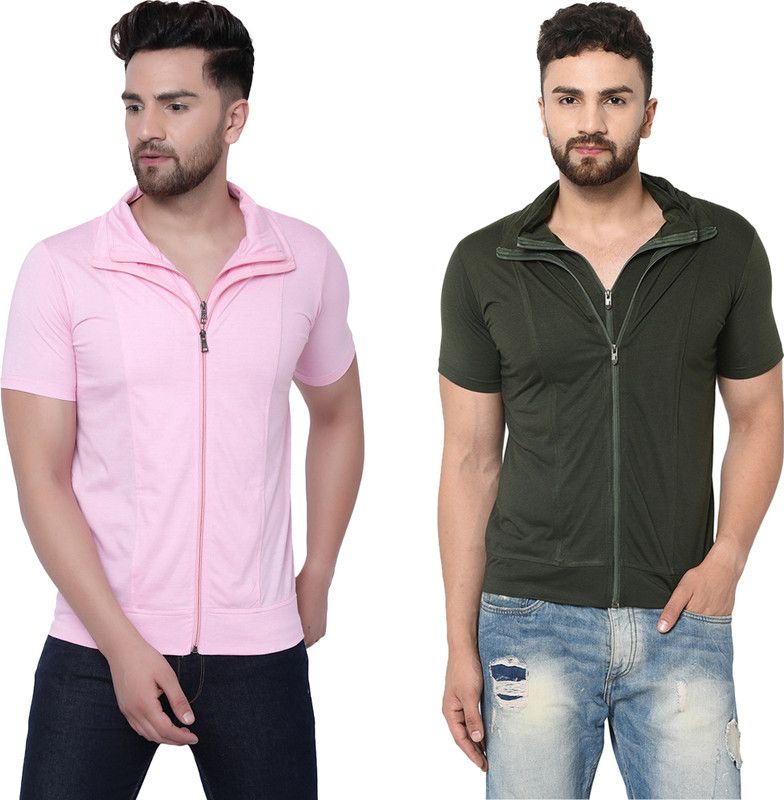 Pack of 2 Men Solid Polo Neck Cotton Blend Dark Green, Pink T-Shirt