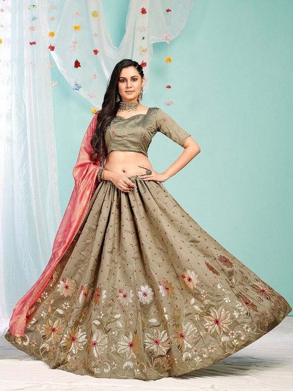 Embroidered Semi Stitched Lehenga Choli  (Grey, Green)
