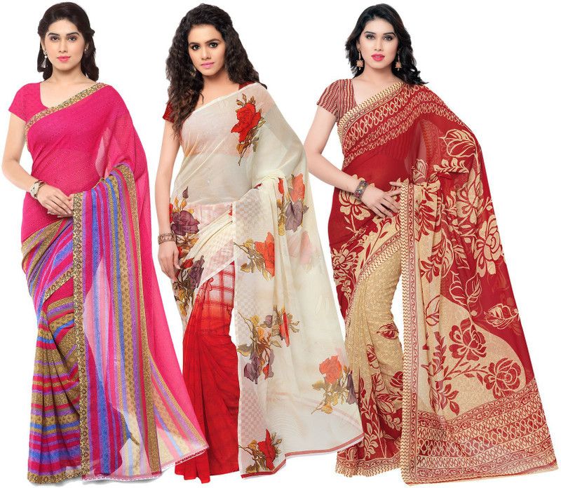 Striped Daily Wear Georgette Saree  (Pack of 3, Pink)