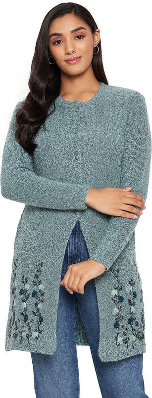 Women Solid Round Neck Green Sweater