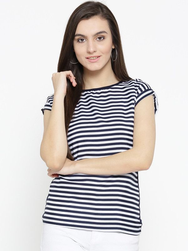 Casual Cap Sleeves Striped Women Dark Blue, White Top