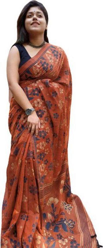Floral Print Daily Wear Pure Cotton Saree  (Red, Blue)
