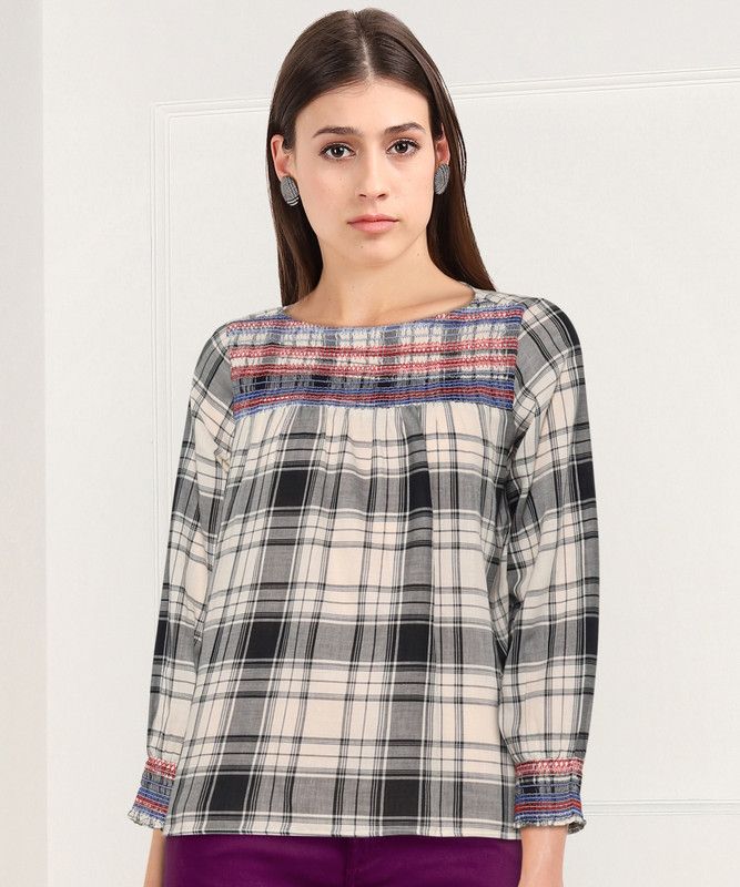 Casual Regular Sleeves Checkered Women Black, Beige Top