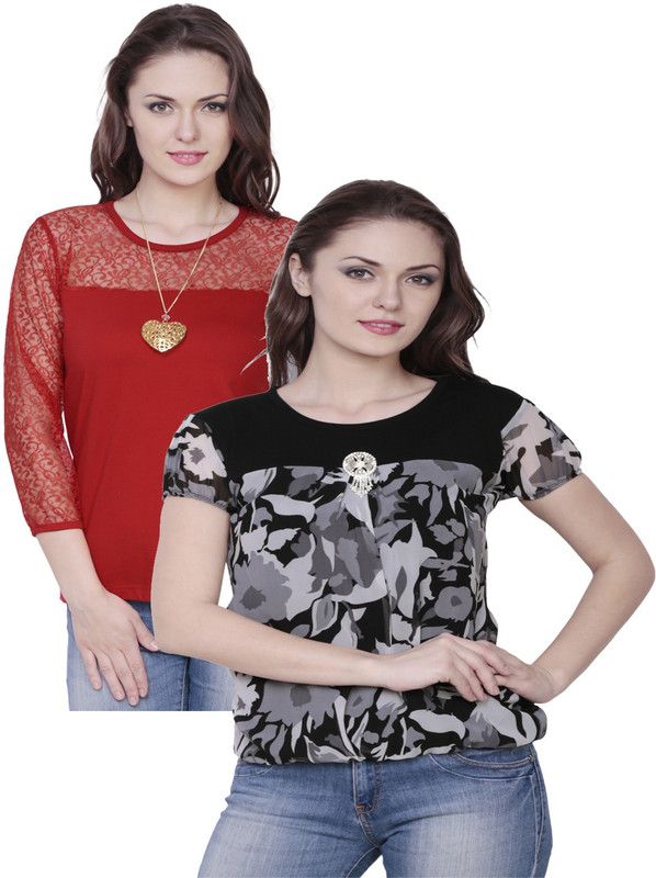 Pack of 2 Casual Regular Sleeves Solid Women Red, Black Top