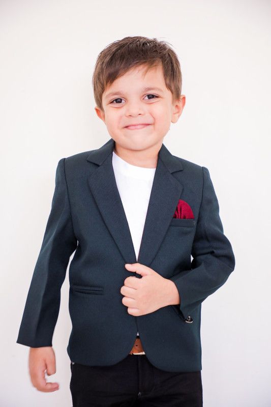 Boys Solid Mandarin Casual Blazer  (Green)