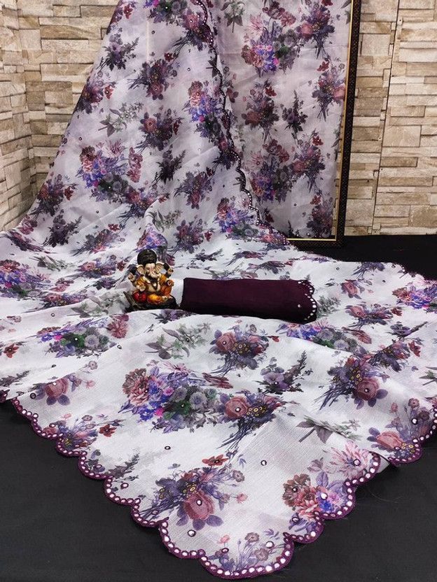 Printed Bollywood Organza Saree  (Magenta, White)
