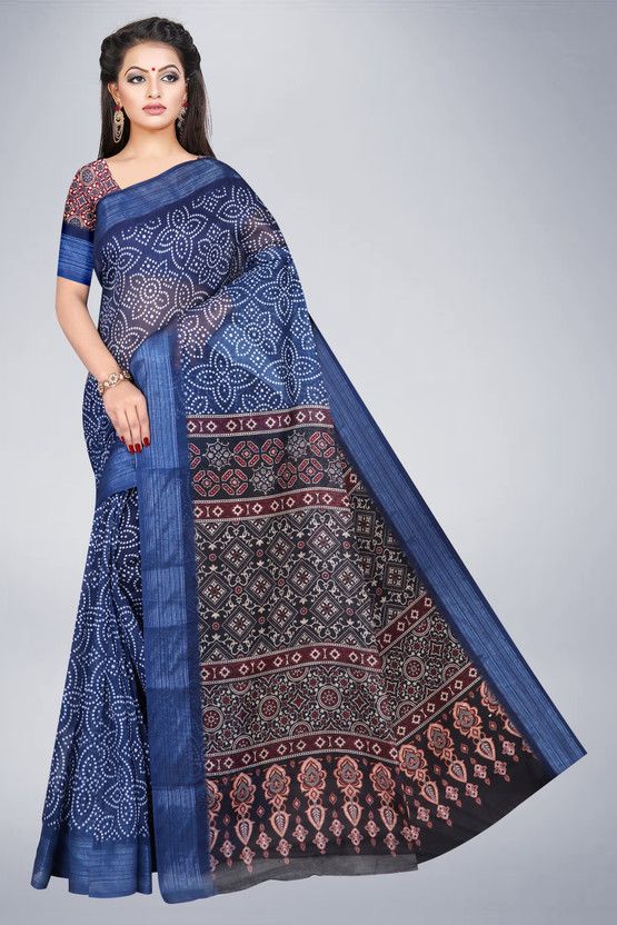 Digital Print Bandhani Cotton Silk Saree  (Blue)