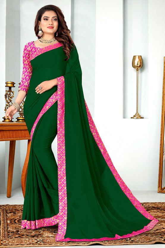 Printed, Solid/Plain Bollywood Georgette Saree  (Green)