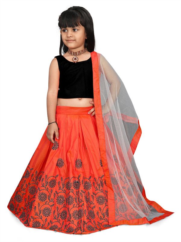 Indi Girls Lehenga Choli Ethnic Wear Embroidered Lehenga, Choli and Dupatta Set  (Orange, Pack of 1)