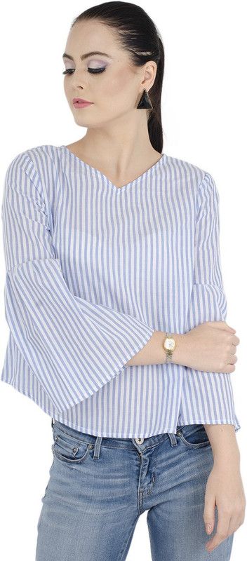Casual Bell Sleeves Striped Women Light Blue Top