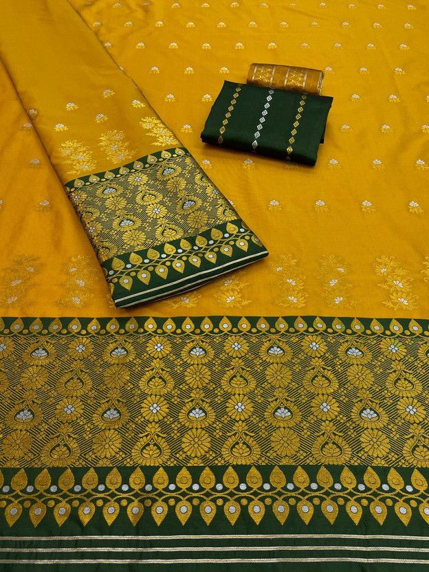 Woven Mekhela Chador Silk Blend Saree  (Green, Yellow)