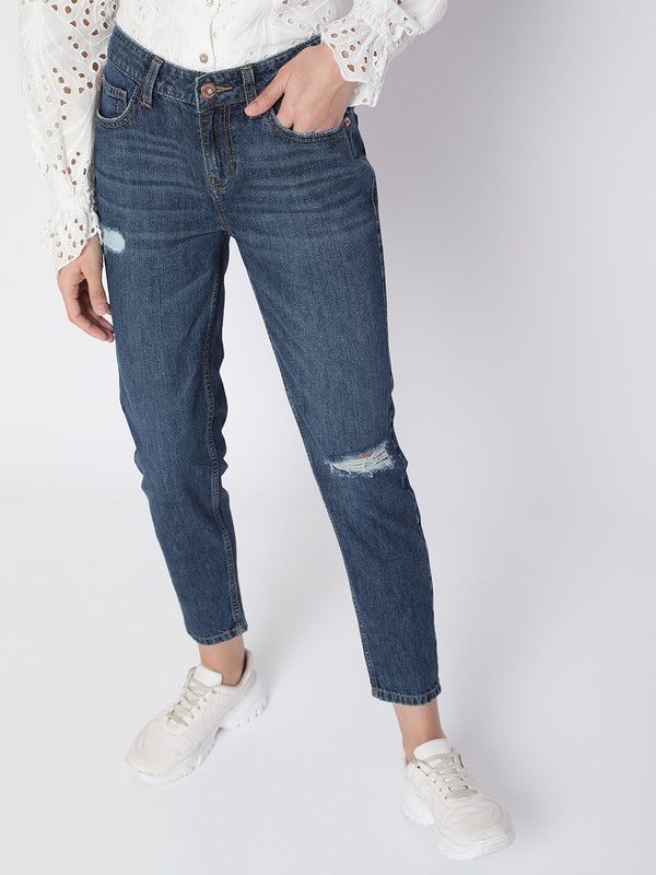 Women Flared Mid Rise Dark Blue Jeans