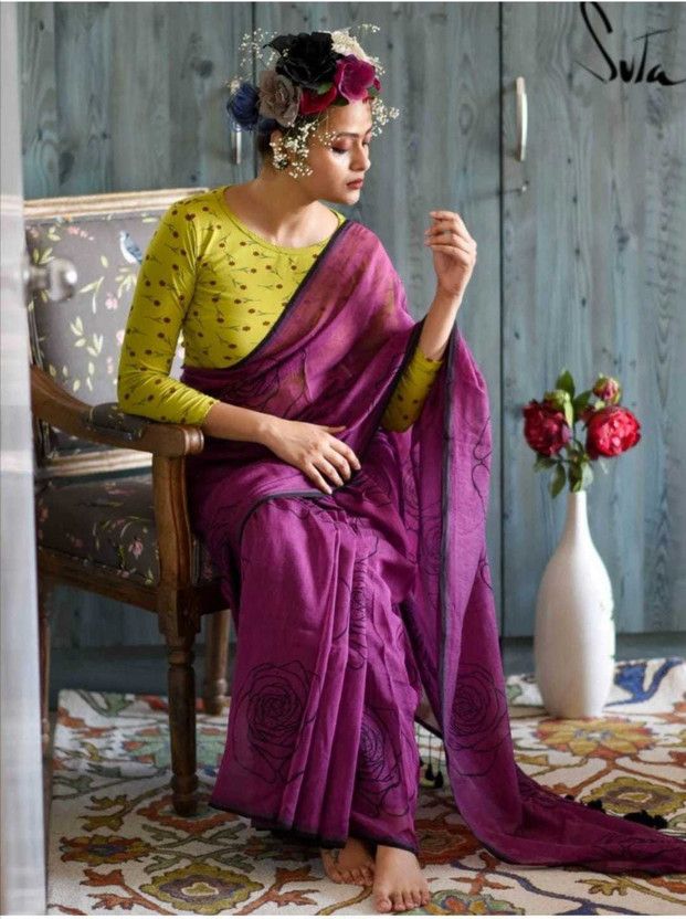 Woven Handloom Cotton Blend Saree  (Purple)