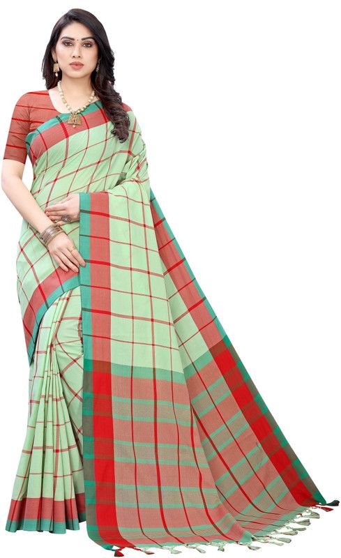 Checkered Daily Wear Cotton Silk Saree  (Light Green)