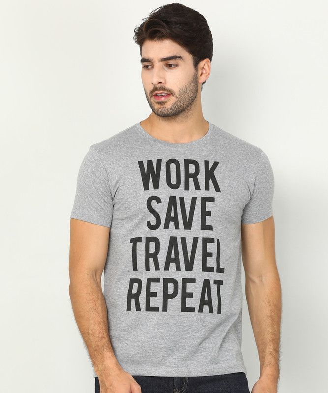 Printed Men Round Neck Poly Cotton Grey T-Shirt