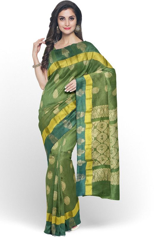 Embellished Kota Doria Cotton Silk Saree  (Green)