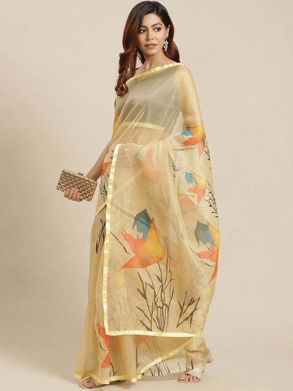 Self Design Bollywood Organza Saree  (Beige)