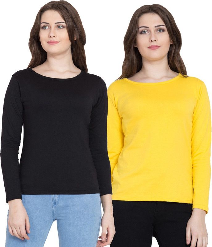 Pack of 2 Women Solid Boat Neck Cotton Blend Black, Yellow T-Shirt