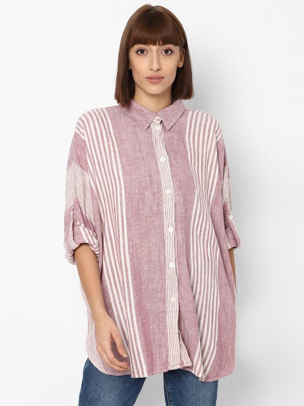 Women Slim Fit Striped Spread Collar Casual Shirt
