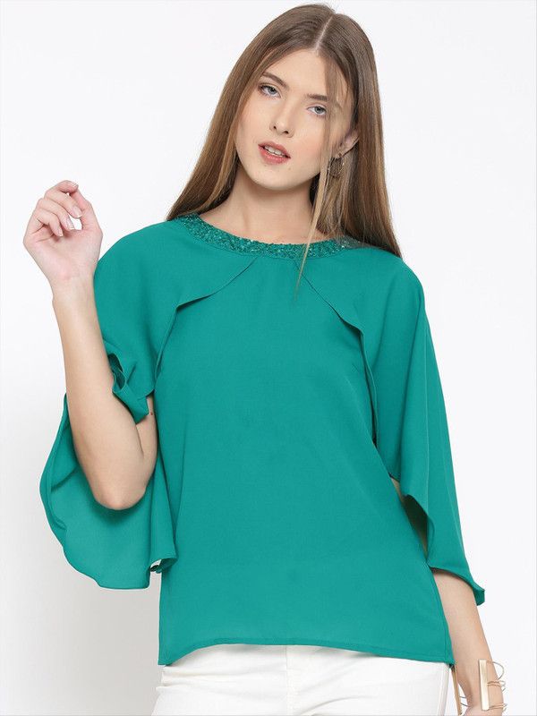 Casual Butterfly Sleeves Embellished Women Green Top