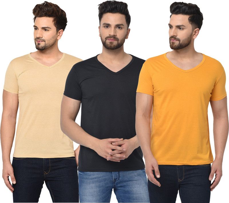 Pack of 3 V neck Combo T-shirts Multicolor Men Solid V Neck Cotton Blend Black, Beige, Yellow T-Shirt
