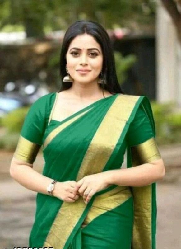 Solid/Plain Kasavu Art Silk Saree  (Green)