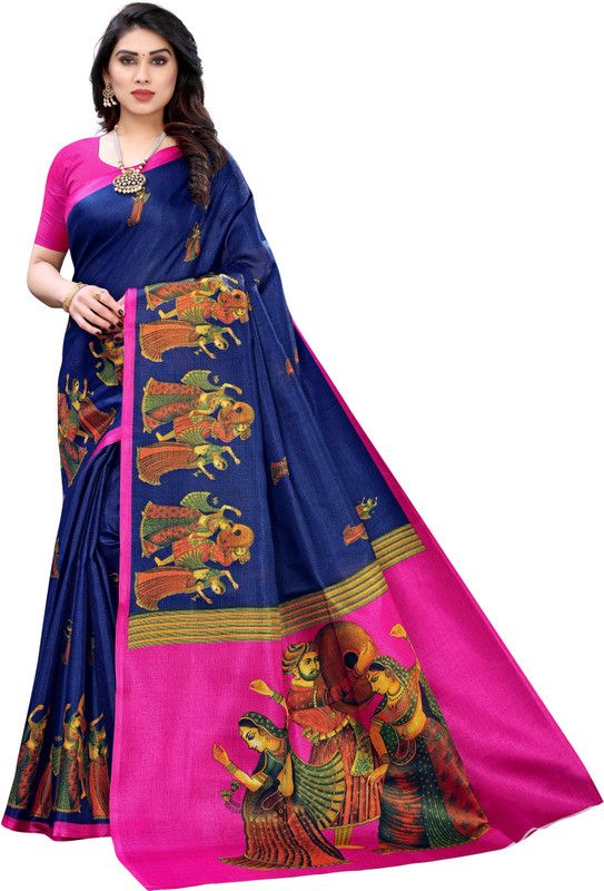 Printed Kalamkari Cotton Blend Saree  (Blue)