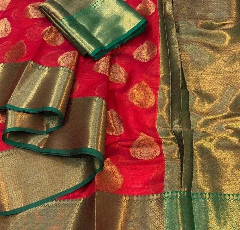 Woven Banarasi Cotton Linen Saree  (Red, Green)