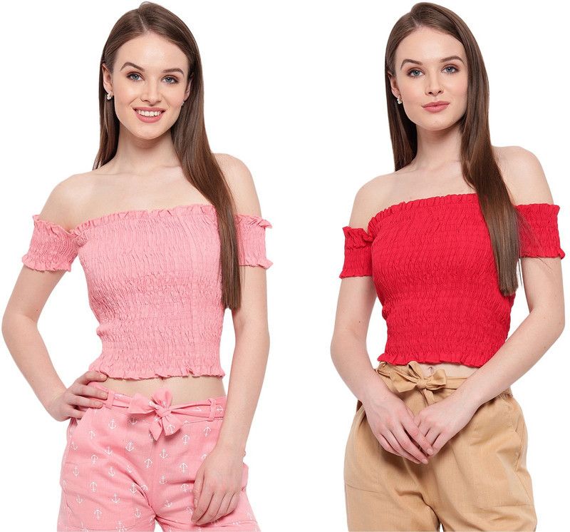 Pack of 2 Casual Cold Shoulder Sleeves Solid Women Red, Pink Top
