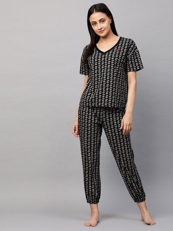 Women Night Suit Set Black Floral Print