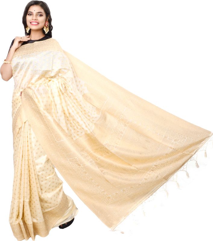 Self Design Handloom Cotton Silk Saree  (Cream)