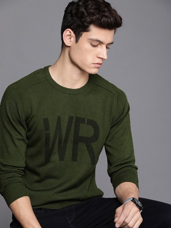 Men Woven Round Neck Green Sweater