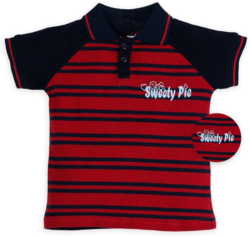 Baby Boys Striped Cotton Blend T Shirt  (Maroon, Pack of 1)